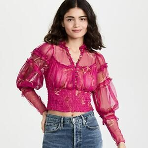 Free People Time To Shine Pink Floral Mesh Long Balloon Sleeve Crop Blouse XS